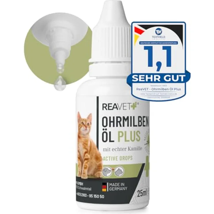 TESTURTEIL SEHR GUT 09/23 ReaVET Ohrmilbenöl Plus 25ml sofort wirksames Mittel für Katzen – gegen Ohrmilben mit Kamille für Katze, Sanfte Pflege bei Juckreiz im Ohr, Ohrentropfen Milben, Ohrenreiniger