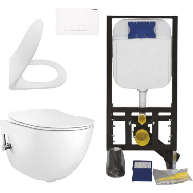 Creavit Tiefspül-WC CRV-FE322-0004-SET, Spülrandloses Hänge-WC Set in Weiß mit integrierter Bidet-Funktion und Softclose WC-Sitz