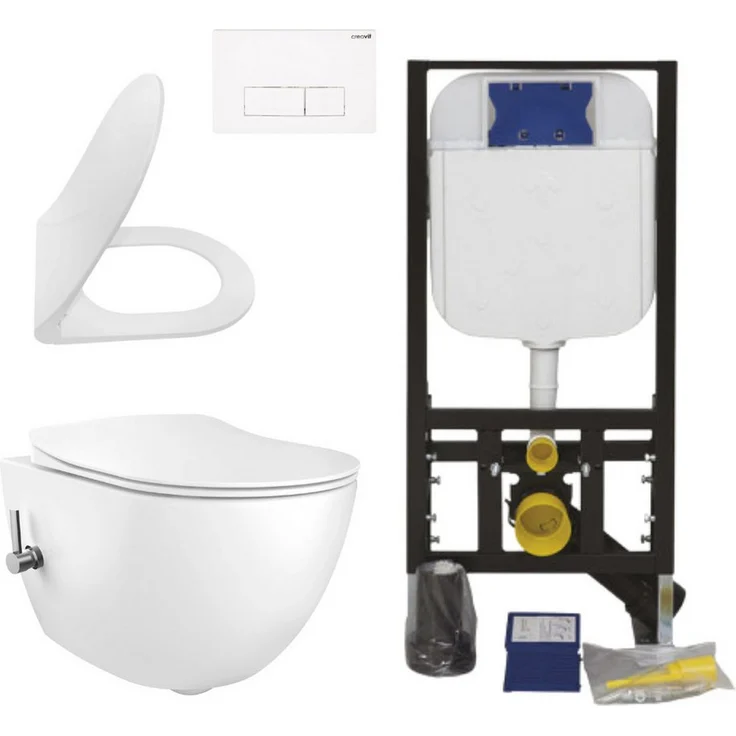 Creavit Tiefspül-WC CRV-FE322-0004-SET, Spülrandloses Hänge-WC Set in Weiß mit integrierter Bidet-Funktion und Softclose WC-Sitz