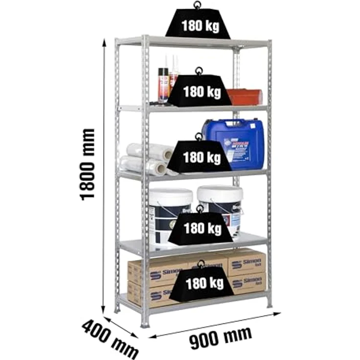 Simonrack Simonclick Metallregal Plus, 5 Böden, Traglast 180 kg pro Boden, Silber, H x B x T: 180 x 90 x 40 cm – Bild 2