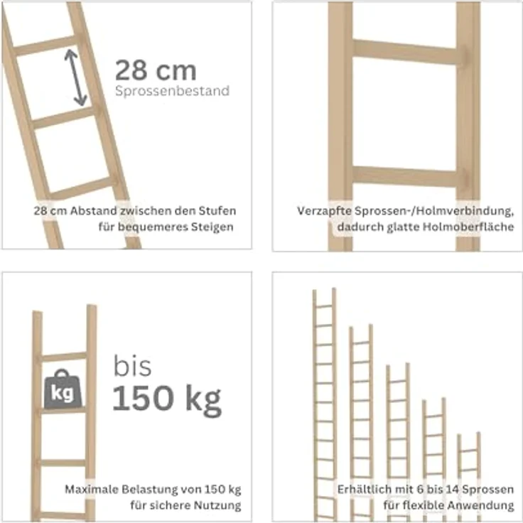PROREGAL Sprossen-Anlegeleiter Holz ohne Traverse | 6 Sprossen | Leiter, Teleskopleiter, Trittleiter, Bockleiter, Sprossen-Doppelleiter - Hochwertige Holzleiter für vielfältige Einsatzbereiche – Bild 4