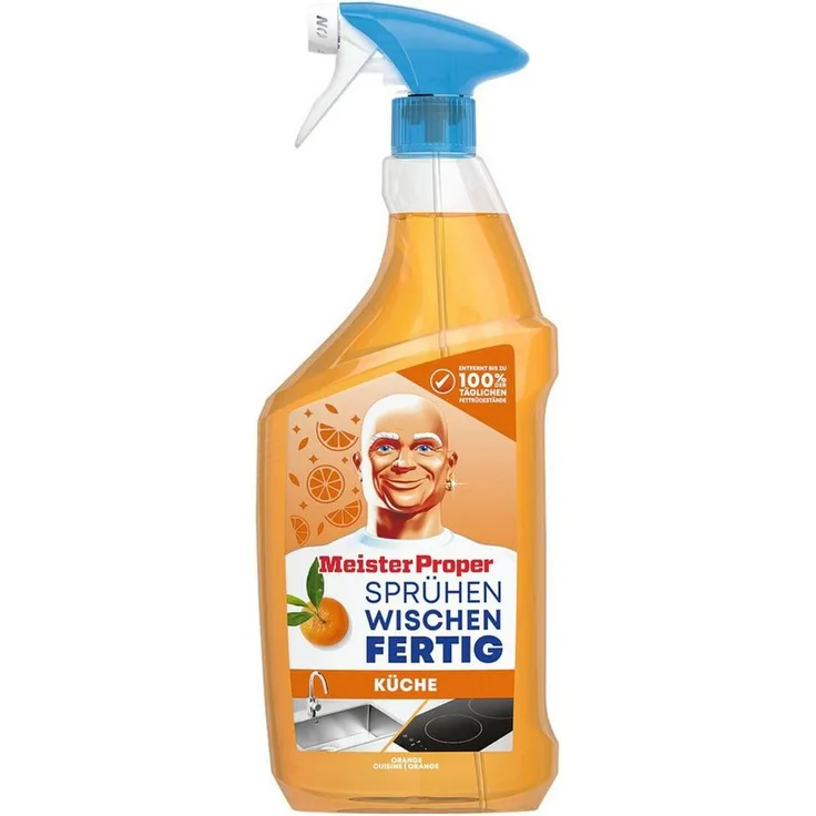 MEISTER PROPER Sprühen Wischen Fertig Küchenreiniger, 800 ml Allzweckreiniger-Spray, orange, entfernt Fett, für Oberflächen mit Lebensmittelkontakt