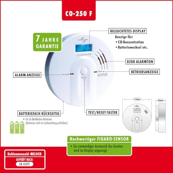 Protector CO-Gasmelder CO-250F mit LC-Display und Figaro-Sensor / Gasmelder / Warnmelder / Kohlenmonoxidmelder – Bild 4