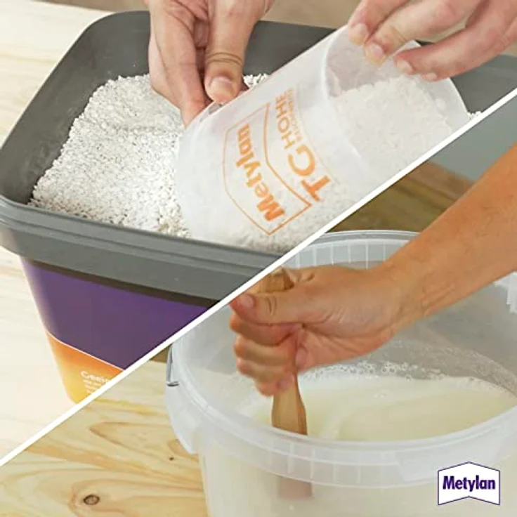 Metylan TG Hohe Reichweite Raufaser und Vlies Granulat, Tapetenkleister für Raufaser-, Papier und Vliestapeten, transparent, 1x5kg, sofort gebrauchsfertig, hohe Reichweite für bis zu 700 m² – Bild 4