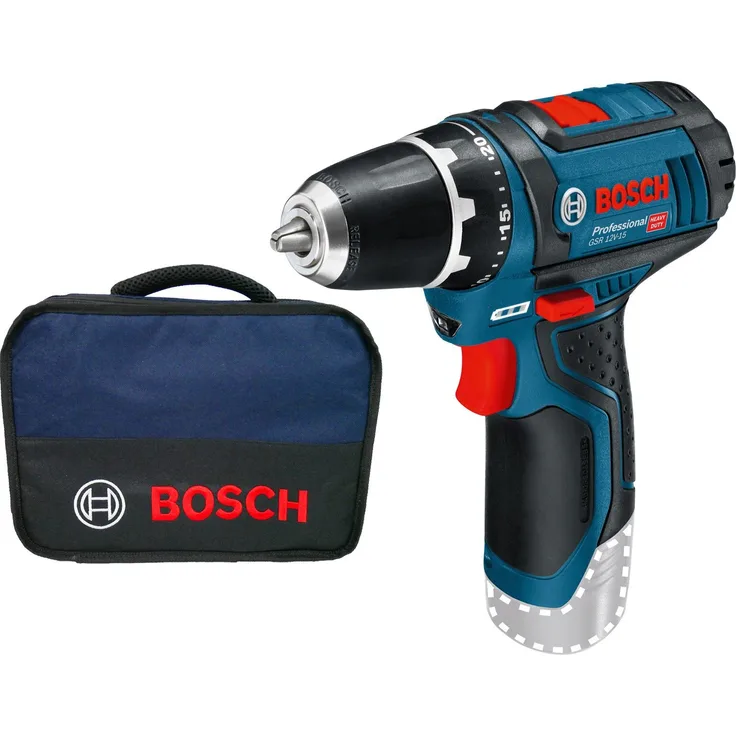 Bosch Akku-Bohrschrauber GSR 12V-15 Solo, 30 Nm Drehmoment, kompakt im Softbag