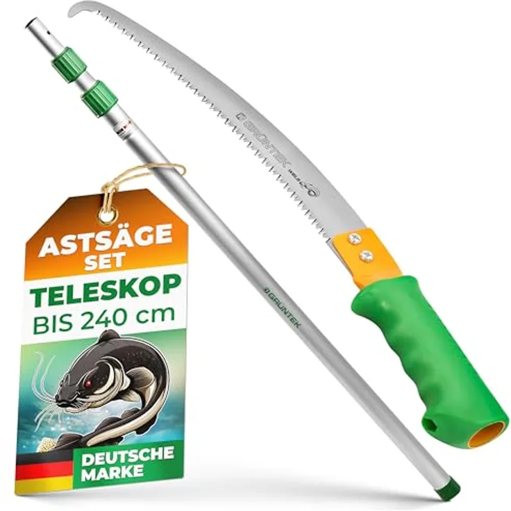 Grüntek Milena, Handsäge mit Teleskopstiel (100-240 cm), dreifach gezahntem Sägeblatt aus Kohlenstoffstahl, Aluminium und ergonomischem Griff, Silber/Gelb/Grün