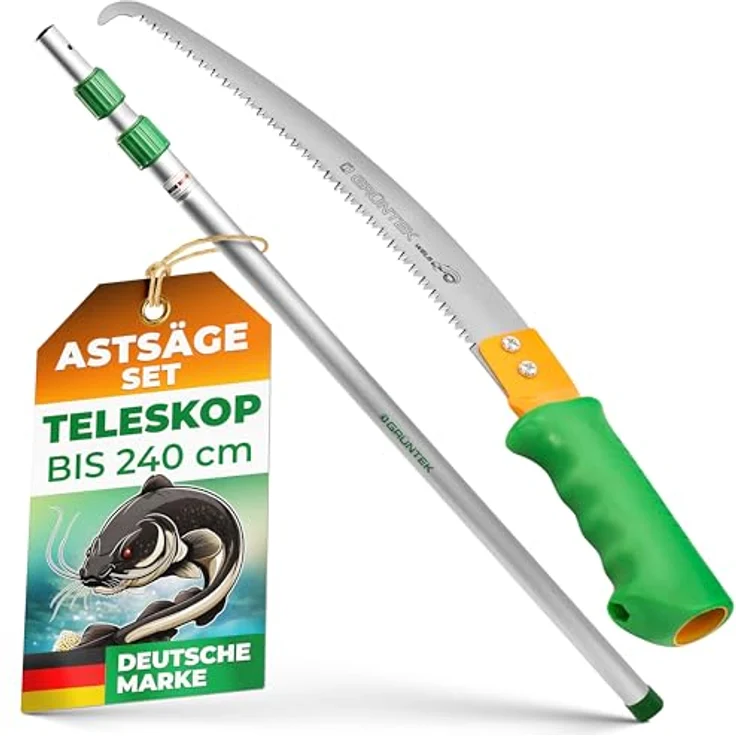 Grüntek Milena, Handsäge mit Teleskopstiel (100-240 cm), dreifach gezahntem Sägeblatt aus Kohlenstoffstahl, Aluminium und ergonomischem Griff, Silber/Gelb/Grün – Bild 1