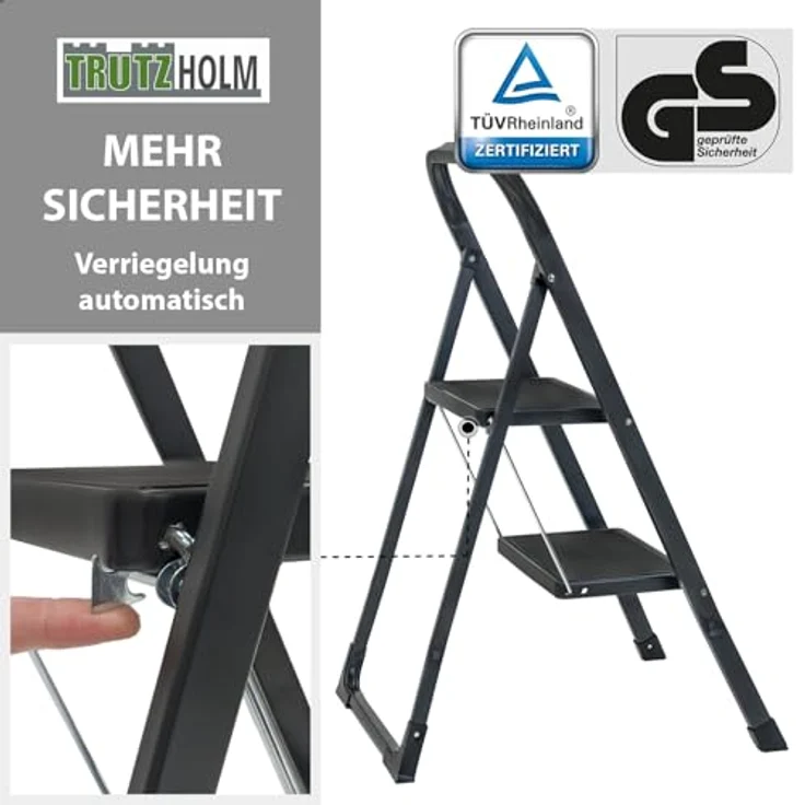 TRUTZHOLM Trittleiter 2 Stufen, klappbar, TÜV/GS zertifiziert, 150 kg Traglast, Anti-Rutsch Trittflächen, Sicherheitsverriegelung, anthrazit – Bild 5