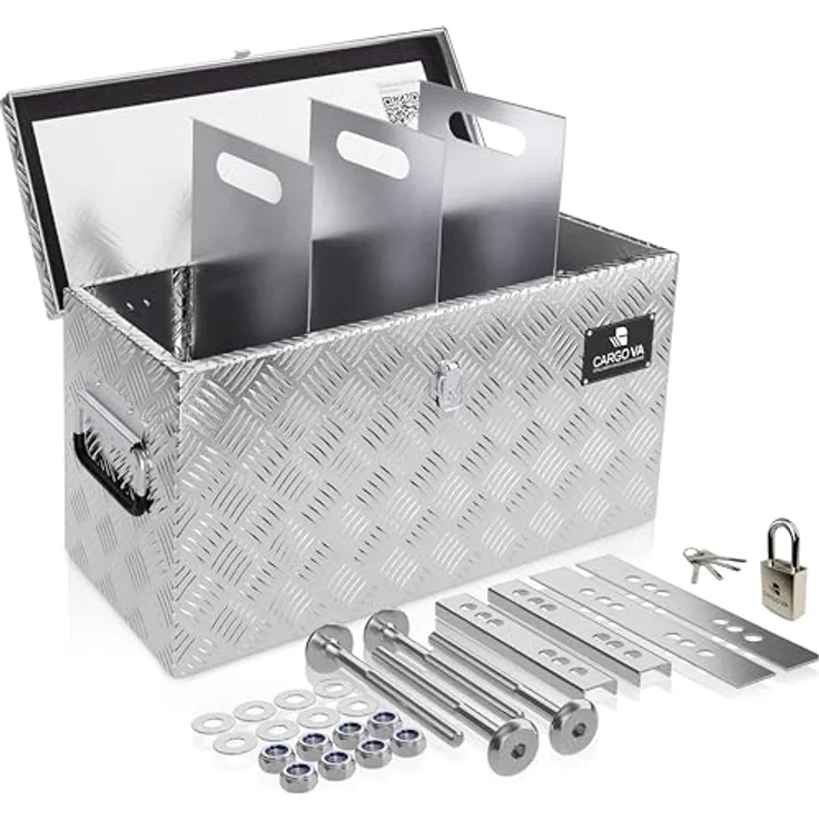 CARGO VA CargoVA - Wasserfeste Deichselbox mit Vorhängeschloss, Abschließbare Transportbox [60x25x30CM] mit Aluminium-Fächern und universeller Passform