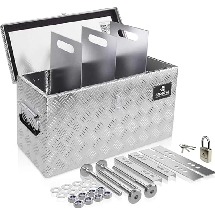 CARGO VA CargoVA - Wasserfeste Deichselbox mit Vorhängeschloss, Abschließbare Transportbox [60x25x30CM] mit Aluminium-Fächern und universeller Passform – Bild 1