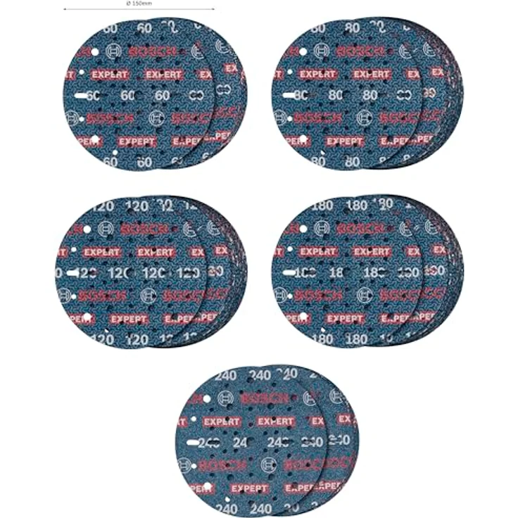 Bosch 55x EXPERT O780 Folienschleifscheiben-Set, 150 mm, 55‑tlg. für Hartholz, Ø 150 mm, Körnung 5 x 60 bis 5 x 240, Klettverschluss – Bild 2