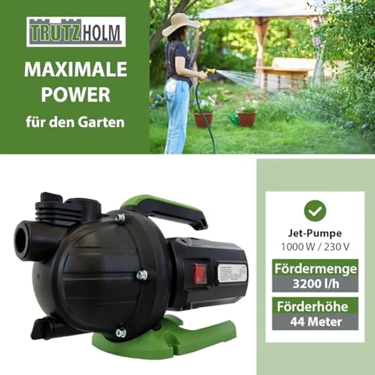 TRUTZHOLM Gartenpumpe 1000 W 3200 l/h Förderhöhe 44 m Förderdruck max. 4,4 bar 1" Anschluss Jetpumpe Druckpumpe Saugpumpe zur Gartenbewässerung, blau mit praktischem Handgriff und stabilem Pumpenfuß – Bild 2