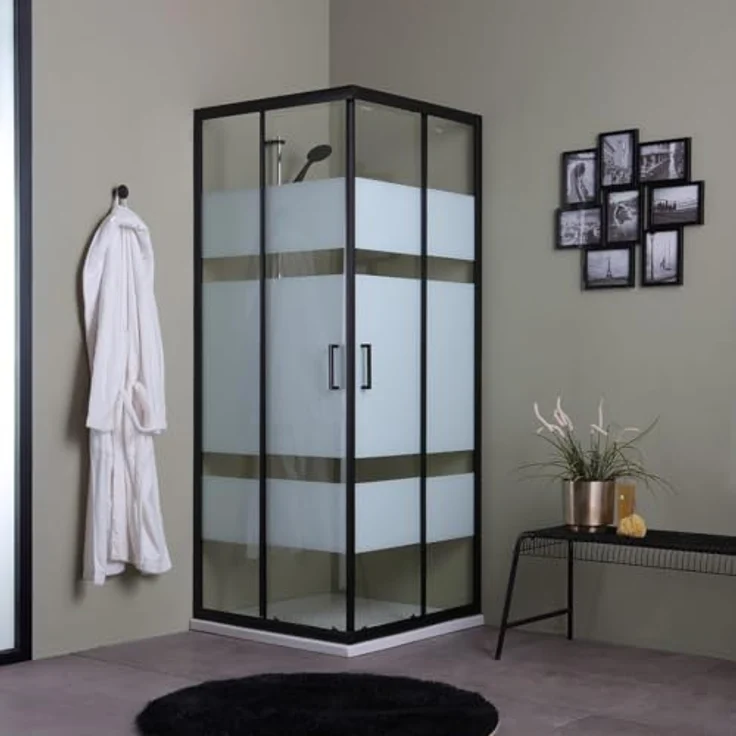 Kiamami Valentina Duschkabine Dekorglas 90x90 cm mit mattschwarzem Rahmen und Schiebeöffnung – Bild 1