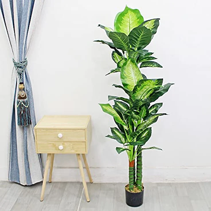 Decovego Kunstpflanze Künstliche Pflanze 130 cm Kunstblume Innendekoration wie echt im Topf, Dieffenbachie 3 Stämme 60 Blätter – Bild 3