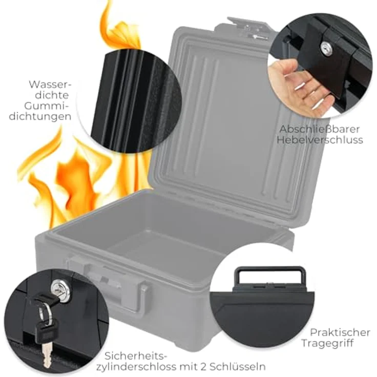 HMF Feuerfeste Dokumentenbox DIN A4, wasserdichte Geldkassette abschließbar, 39 x 40 x 17 cm, schwarz, schützt vor Feuer und Wasser – Bild 4