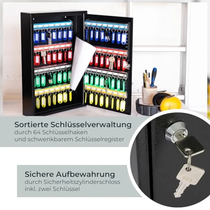 HMF Schlüsselkasten abschließbarer Schlüsselschrank mit 64 Haken, verstellbare Hakenleisten, 45 x 30 x 8 cm, schwarz – Bild 4