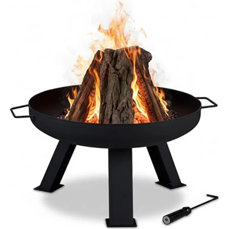 Relaxdays Feuerschale Durchmesser 60 cm, inkl. Schürhaken, Garten Terrasse Feuerstelle, rund, Feuerkorb Stahl, schwarz – Bild 2
