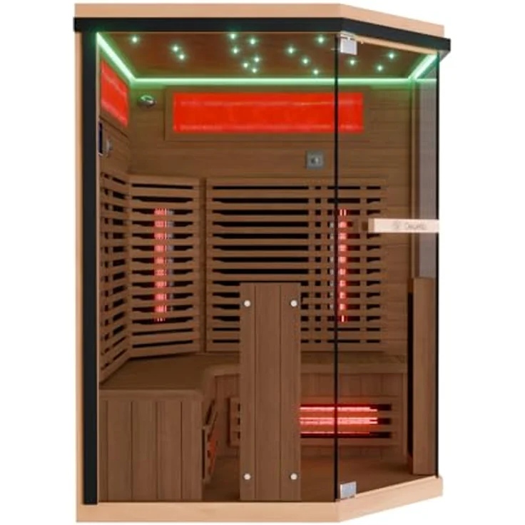 Dewello Sauna KENORA 140 Wärmekabine, 2-3 Personen, 7 Vollspektrumstrahler, (LED-Farblichttherapie inkl. Ionisator mit Ozondesinfektion und Aromatherapie, inkl. Ionisator mit Ozondesinfektion und Aromatherapie, Bluetooth & FM) klappbare Frontstrahler – Bild 4