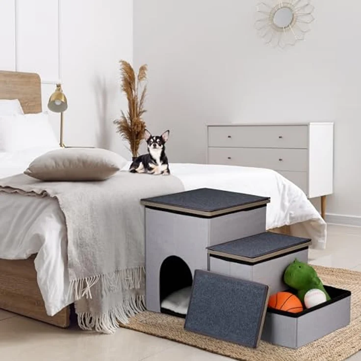 relaxdays Haustiertreppe Hundetreppe 3 Stufen mit Höhle - Ideal für kleine und ältere Tiere, Grau/Schwarz – Bild 2