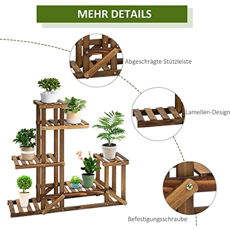 Outsunny Blumenständer Pflanzenregal 6 Ebenen, vierstufige Blumentreppe aus massivem verkohltem Holz, platzsparendes Design für Innen- und Außenbereich, 98 x 28 x 96,5 cm – Bild 4