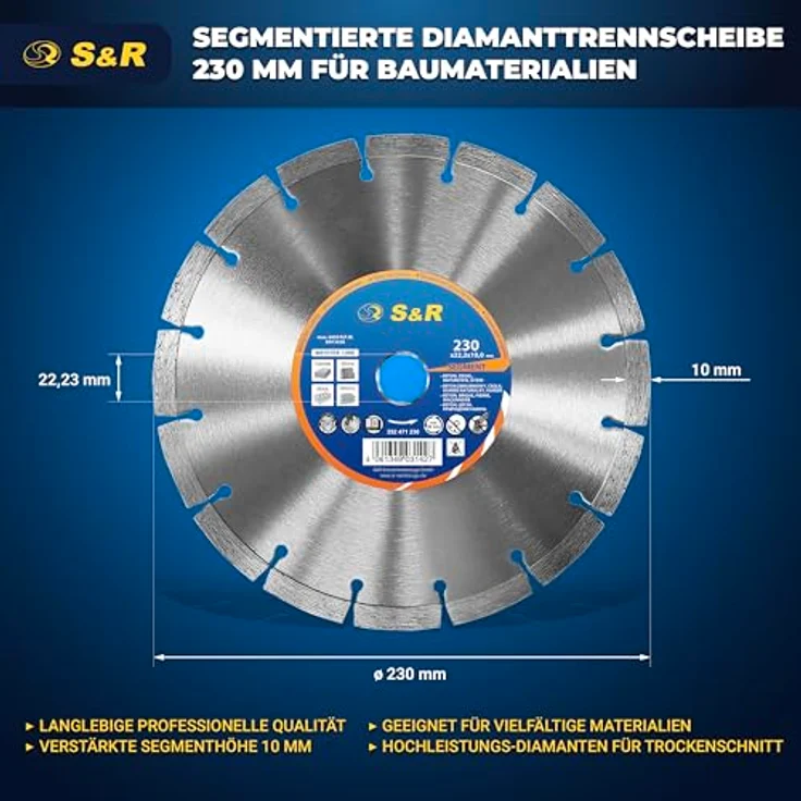 S&R UNICUT Diamanttrennscheibe 230 x 22,2 mm, für Beton, Naturstein und Ziegel, hohe Standzeit, geeignet für Winkelschleifer und Motortrennschleifer – Bild 2