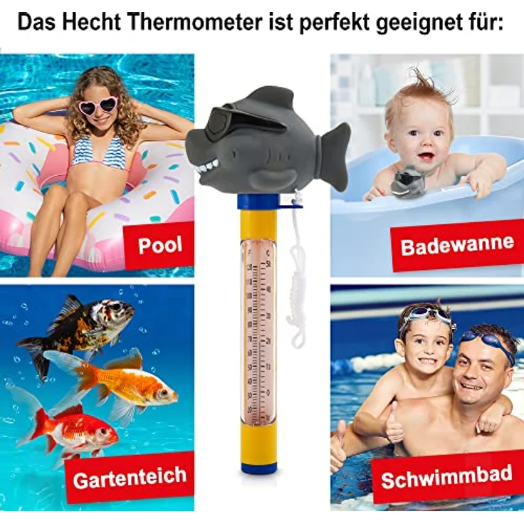 HECHT Poolthermometer mit Hai Motiv, schwimmendes Thermometer für Pool, Whirlpool und Teich, bruchfest, mit Befestigungsband, Celsius & Fahrenheit Skala – Bild 8