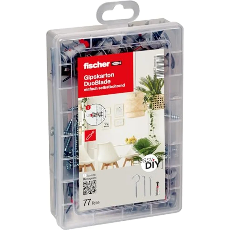 fischer easyDIY Box Gipskarton DuoBlade, 77-teiliges Dübel- und Schraubenset mit selbstbohrenden Gipskartondübel, Winkel- und Rundhaken für einfache Montage – Bild 1