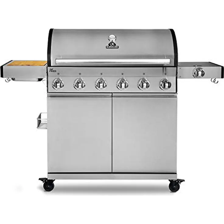 Burnhard 6-Brenner Gasgrill Fat Fred, inkl. Infrarot Keramikbrenner und Seitenbrenner, Edelstahl Grillwagen mit Seitentisch, Gusseisen-Grillrost, Deckel-Thermometer, Piezozündung