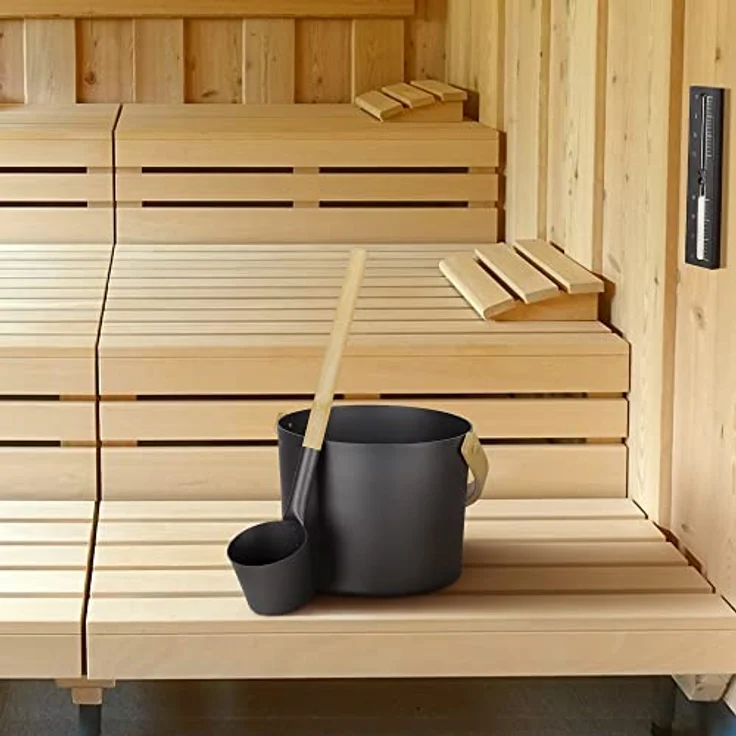 Navaris Aluminium Saunakübel Set 3tlg., inkl. Kelle und Sanduhr, leichter 5L Aufgusseimer mit Bambusgriff, schwarz natur – Bild 2