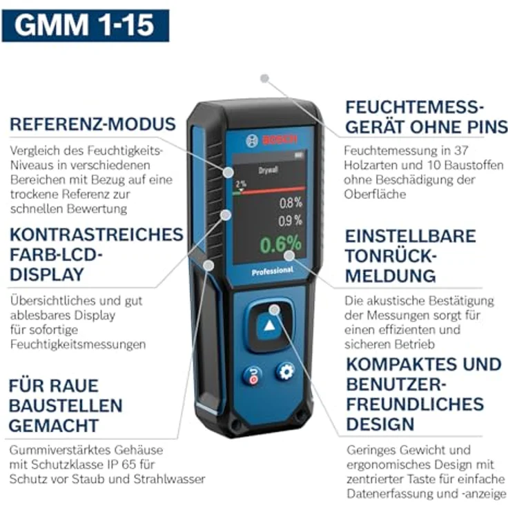 Bosch Professional GMM 1-15 Holzfeuchtemessgerät, nicht-invasiver Feuchtigkeitsmesser für 37 Holzarten und 10 Baustoffe, IP65 geschützt – Bild 4