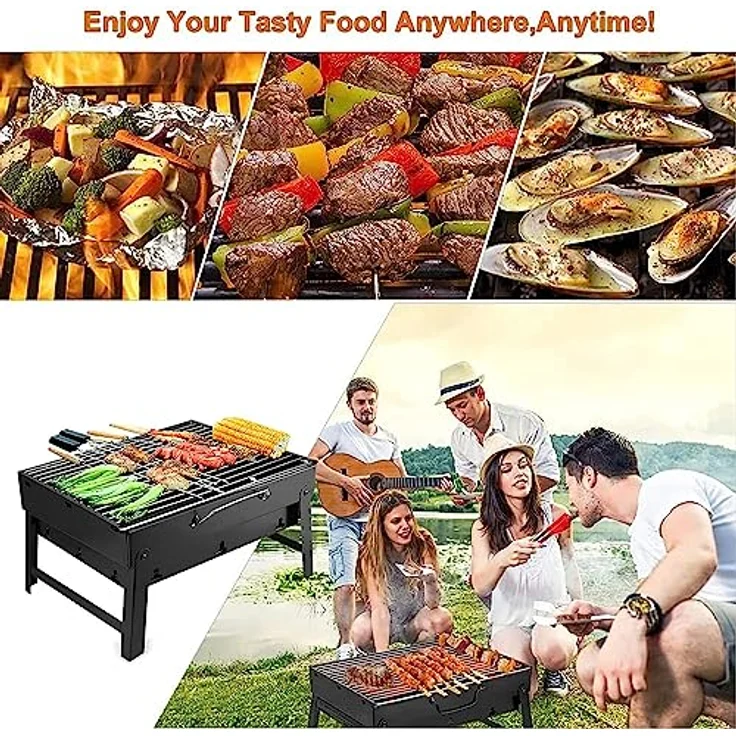 Holzkohlegrills Tragbarer Grill Edelstahl Holzkohle Smoker Char Broil BBQ Pit Grill für Outdoor Camping (Mittel), Schwarz – Bild 2