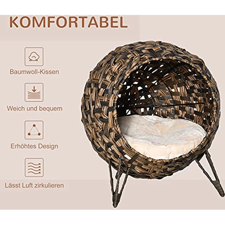 PawHut Katzenhöhle aus PE-Rattan, mit Kissen und erhöhten Füßen, braun, für Katzen bis 10 kg – Bild 4
