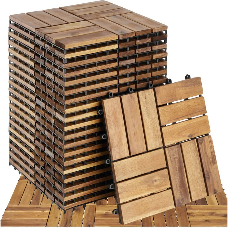 tectake Terrassenfliesen Tabula, 20-teiliges Set aus massivem Akazienholz mit Klicksystem, 1,922 m², 31x31 cm