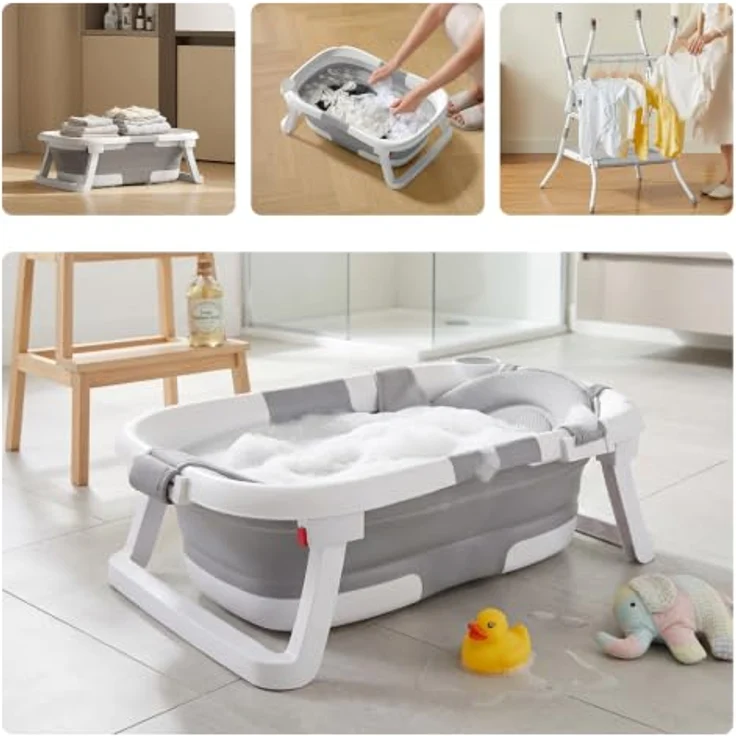 relaxdays Faltbare Babybadewanne mit Gestell, ergonomisch und platzsparend, Grau/Weiße – Bild 5