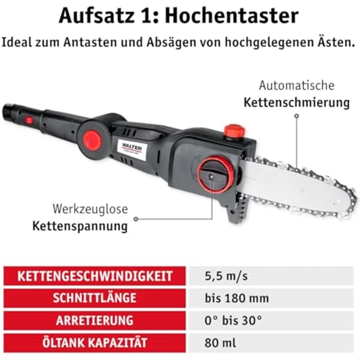 WALTER Li-Ion Akku-Hochentaster-/Heckenschere 20 V, 2 in 1 Kombigerät mit Teleskopstange bis 2,40 m, 180 mm Schnittlänge, Qualitätsmesser 405 mm – Bild 5