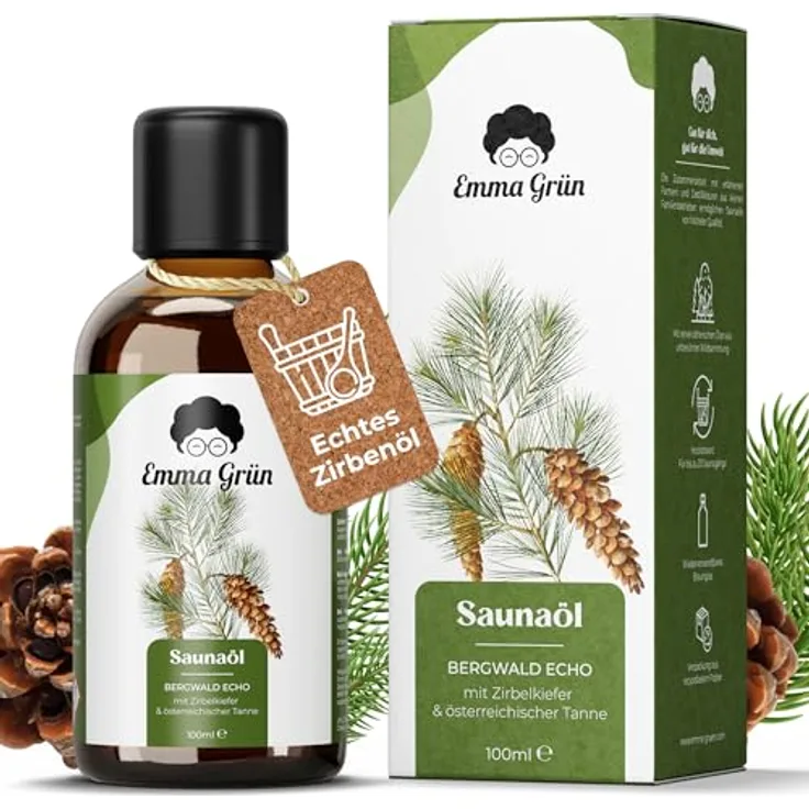 Emma Grün Zirben Sauna-Aufgussset mit ätherischem Öl aus Zirbelkiefer & österreichischer Tanne, 100 ml - Holzig-würziger Duft für 10-20 Saunagänge
