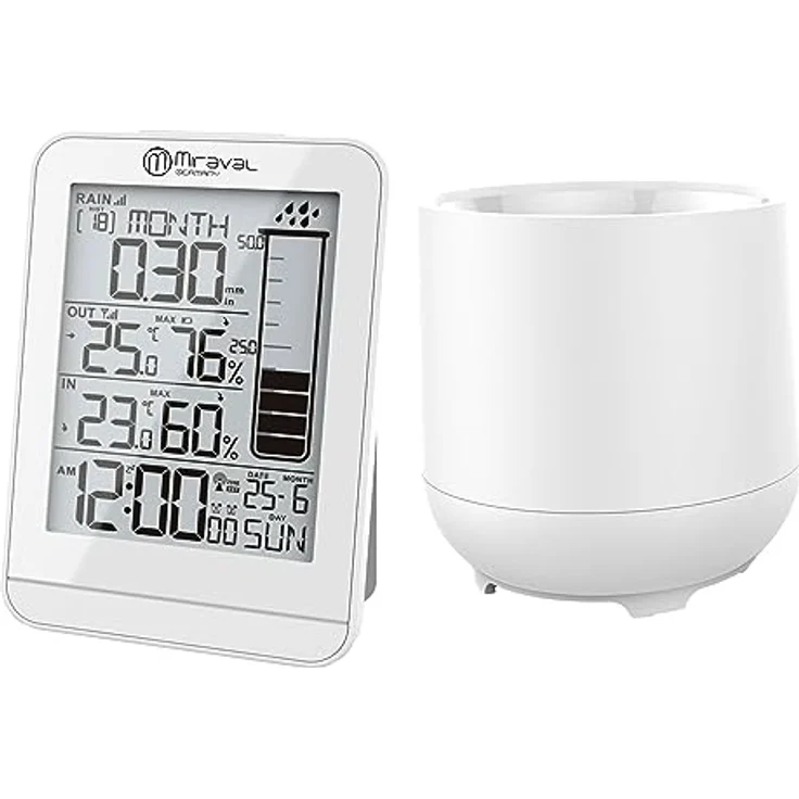 Miraval Funk-Wetterstation mit Regenmesser, LCD-Display, Hygrometer, Innen- & Außentemperaturanzeige, automatische Funkuhr, weiß – Bild 1