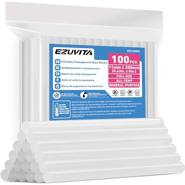 EZUVITA Heißklebesticks 100 Stück, 11 x 200mm, transparente Klebestifte für gängige Heißklebepistolen, universell einsetzbar für Heimwerken und Basteln