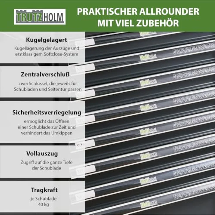TRUTZHOLM Werkstattwagen Premium XXL, 254-tlg. CRV Werkzeugset auf Rollen, abschließbar, 8 Schubladen, schwarz-anthrazit, 840mm Breite – Bild 4