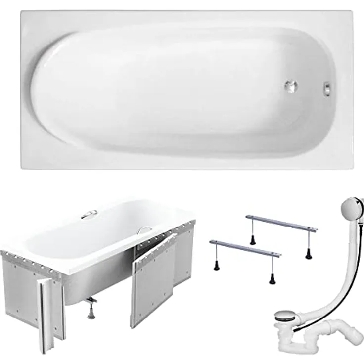 KOLMAN Badewanne Rechteck Medium 190x80 mit Styroporverkleidung - Ablaufgarnitur VIEGA & Füße