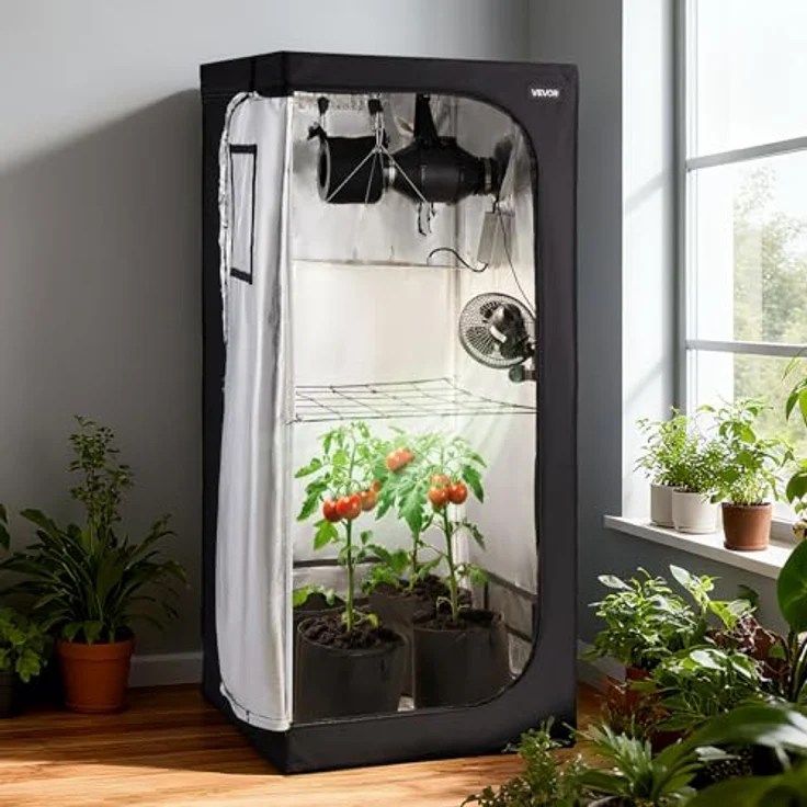 VEVOR Growzelt ORGTK8080180, 80x80x180 cm, Indoor-Pflanzenzelt mit 150 W Vollspektrum-LED-Zuchtlicht und Belüftungssystem, 600D hochreflektierendes Mylar, Gewächshaus für Blumen & Gemüse, Schwarz – Bild 8