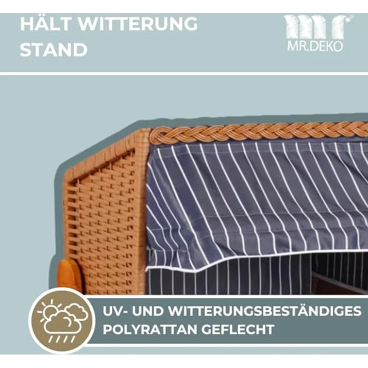 MR. DEKO® Hundestrandkorb Wacholder PE Beige, Dessin blau gestreift, wetterfest mit Sonnenschutz, integrierten schwenkbaren Futternapf und Edelstahlwassernapf, für Hunde und Katzen, Maße 80 x 65 x 95 cm – Bild 4