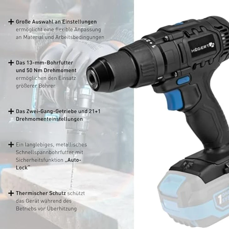HÖGERT TECHNIK Akku-Bohrschrauber Set 18V, 50 Nm Drehmoment, 2,0 Ah Akku, 4A Ladegerät, Metallgetriebe, LED-Beleuchtung, Auto Lock Bohrfutter, für Holz und Metall – Bild 3