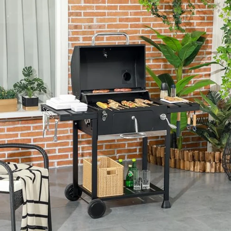 Outsunny Holzkohlegrill, Campinggrill mit zwei Grillrost, klappbar Seitenablage, Grillwagen mit Regal, Griff für BBQ, Edelstahl, Schwarz, 120 x 64 x 114 cm – Bild 2