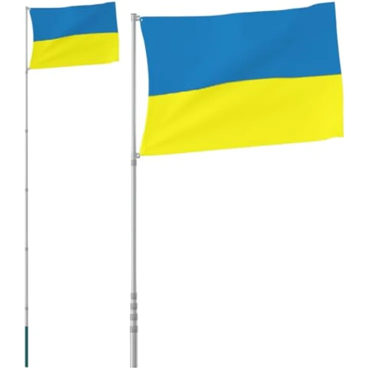 vidaXL Flagge der Ukraine Mast, Ukrainische Fahne mit 2 Metallösen, Fahnenmast Wetterfest Höhenverstellbar, Hissflagge Nationalflagge, 5,55m Aluminium