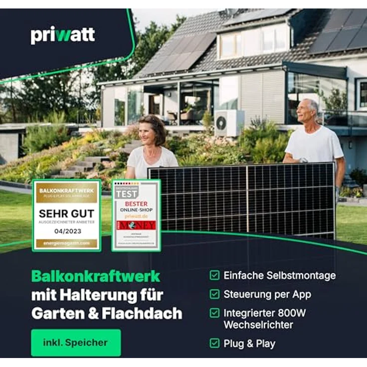 priwatt® Balkonkraftwerk Duo [890 Wp] ohne Halterung zur flexiblen Befestigung - Solaranlage Komplettset (2 bifaziale Solarmodule, TSUN Wechselrichter & Kabel-Zubehör) – Bild 2