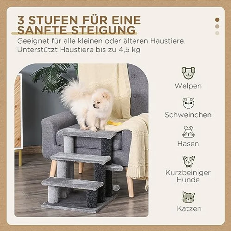 Pawhut Haustiertreppe mit Kratzbaum Ball 3-stufige Katzentreppe Hundetreppe Tiertreppe Spanplatte Plüsch Jute Grau 45 x 40 x 48 cm – Bild 4