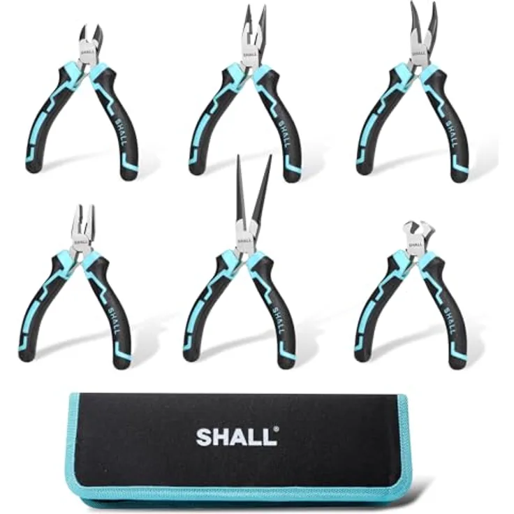 SHALL 6-tlg. Mini-Zangen-Set, inkl. Drahtschneider, Seitenschneider, Elektrikerzange, Spitzzange, Langzange und gebogene Spitzzange, ergonomische Griffe, tragbare Aufbewahrungstasche