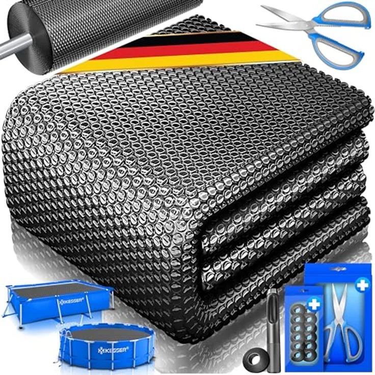 KESSER® Pool Solarfolie 400 µm | Solarplane Poolabdeckung | Solarabdeckplane flexibel zuschneidbar | Poolplane für Wassererwärmung | Solarabdeckung mit Schere, Lochzange & 12 Ösen Schwarz, 732 x 366cm – Bild 2