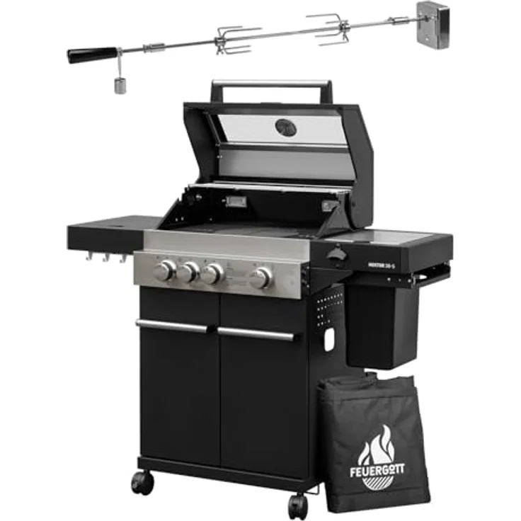 Feuergott Gasgrill Hektor 3B-S, 3-Brenner mit Sear-Brenner, Gusseisen-Grillrost, inkl. Drehspieß und Abdeckhaube für Garten und Terrasse – Bild 1
